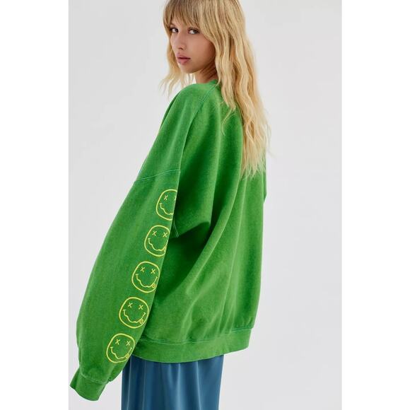 Urban Outfitters X Nirvana Oversized Sweatshirt Spiral Smile Face Green Crewneck - Picture 2 of 6